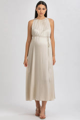 CLARISSA | Beige Maternity Maxi Dress with Removable Belt