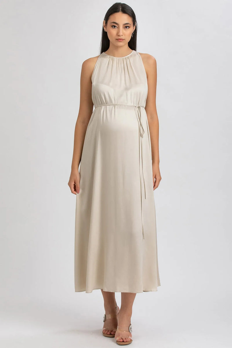 CLARISSA | Beige Maternity Maxi Dress with Removable Belt