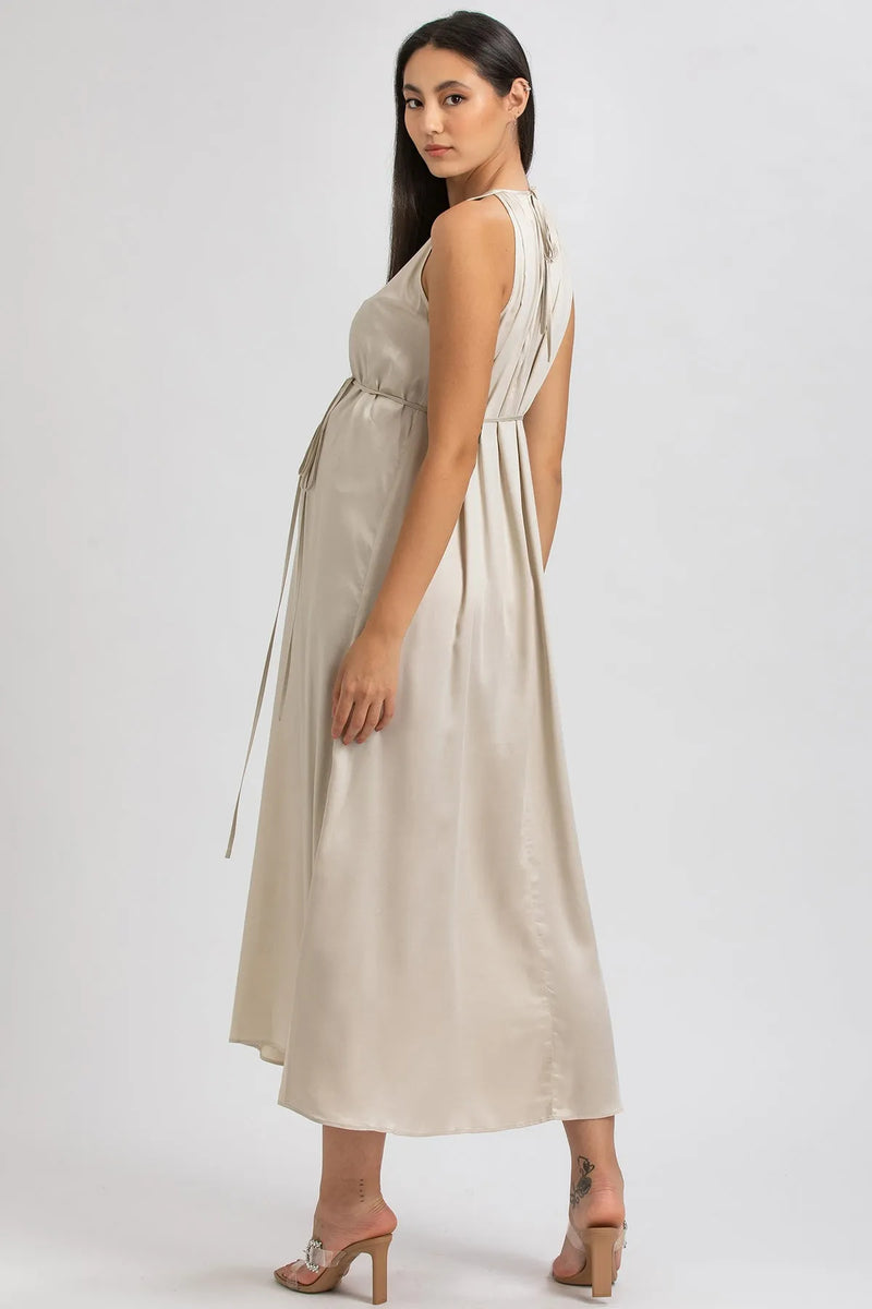 CLARISSA | Beige Maternity Maxi Dress with Removable Belt