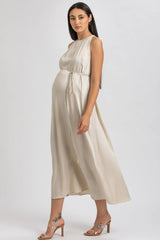 CLARISSA | Beige Maternity Maxi Dress with Removable Belt