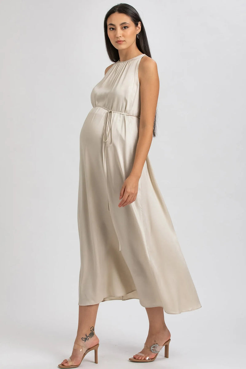 CLARISSA | Beige Maternity Maxi Dress with Removable Belt