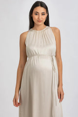 CLARISSA | Beige Maternity Maxi Dress with Removable Belt