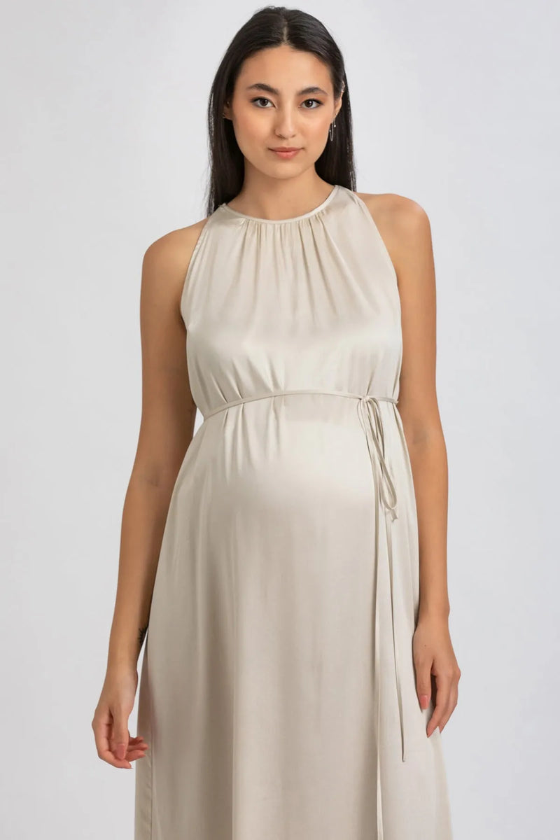 CLARISSA | Beige Maternity Maxi Dress with Removable Belt