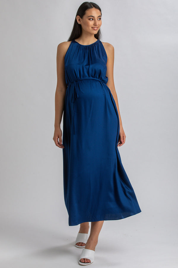 CLARISSA | Dark Blue Maternity Maxi Dress with Removable Belt