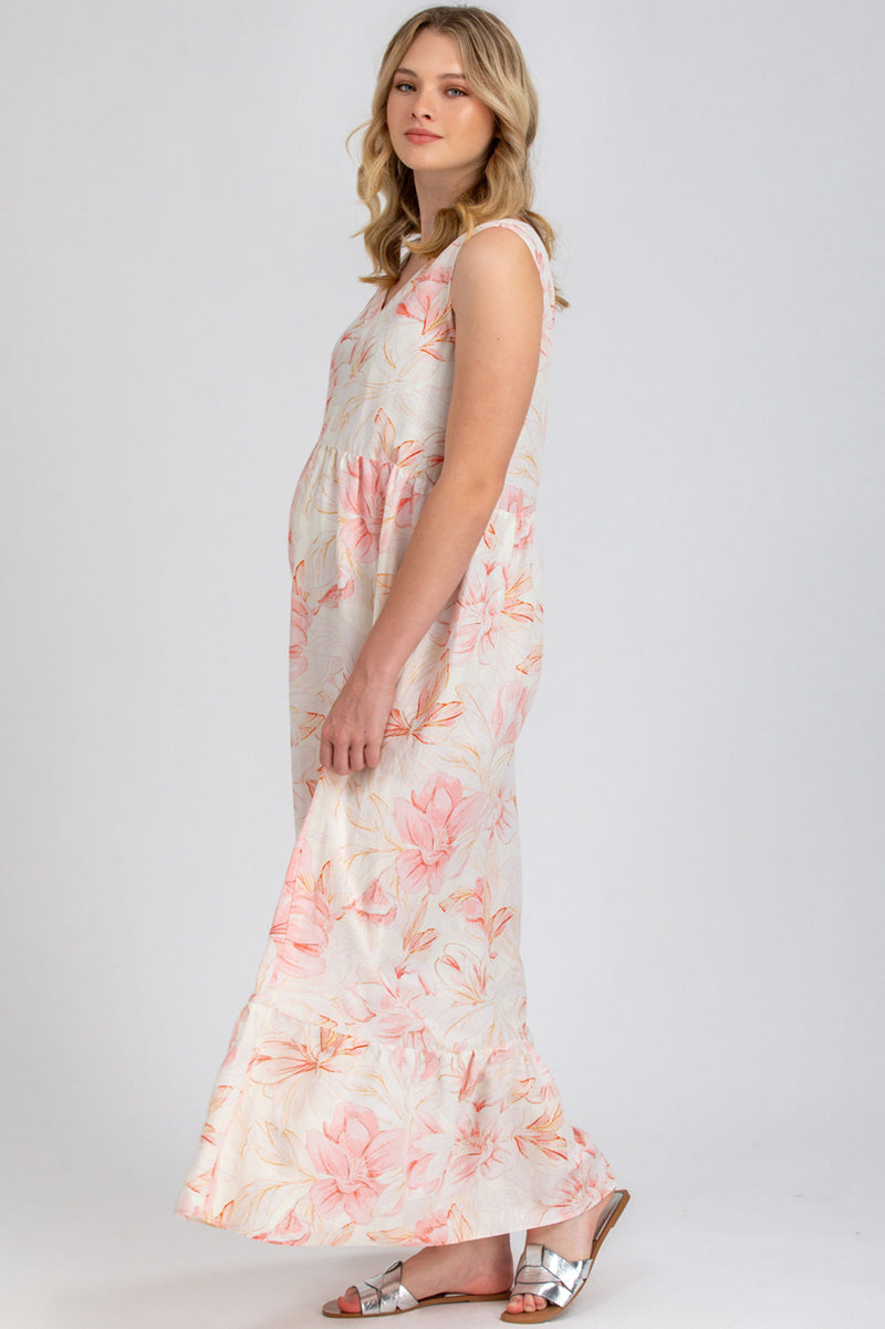 WATERLILY QA36 | Printed Maxi Maternity Dress with V-Neck