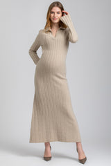 BEATRICE | Beige Flared Maternity Dress with Collar in Pure Merino Wool and Cashmere