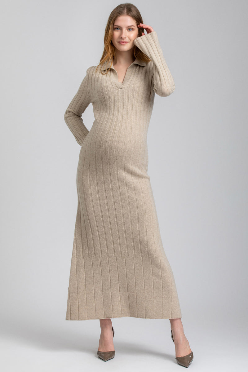 BEATRICE | Beige Flared Maternity Dress with Collar in Pure Merino Wool and Cashmere