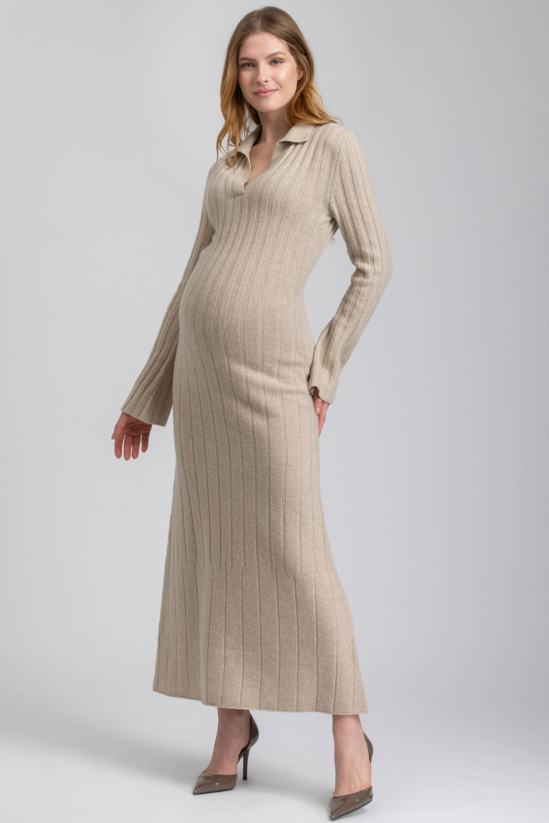 BEATRICE | Beige Flared Maternity Dress with Collar in Pure Merino Wool and Cashmere