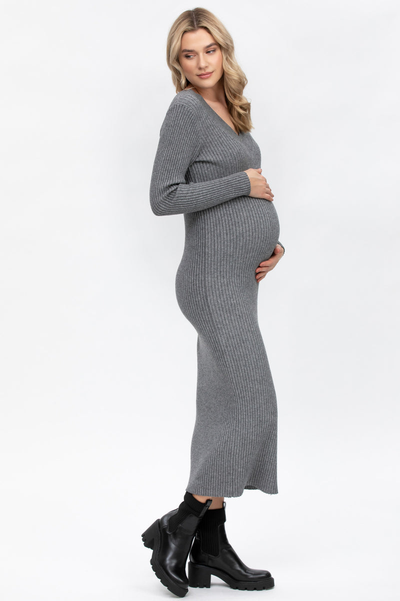 CARA | Maternity Dress in Grey with V-neck