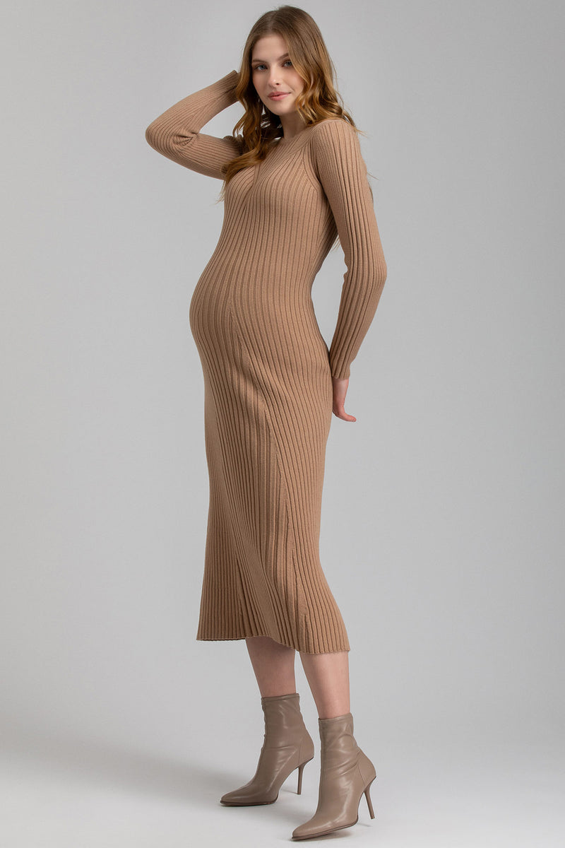 GEMMA | Beige Long Sleeve Maternity Dress