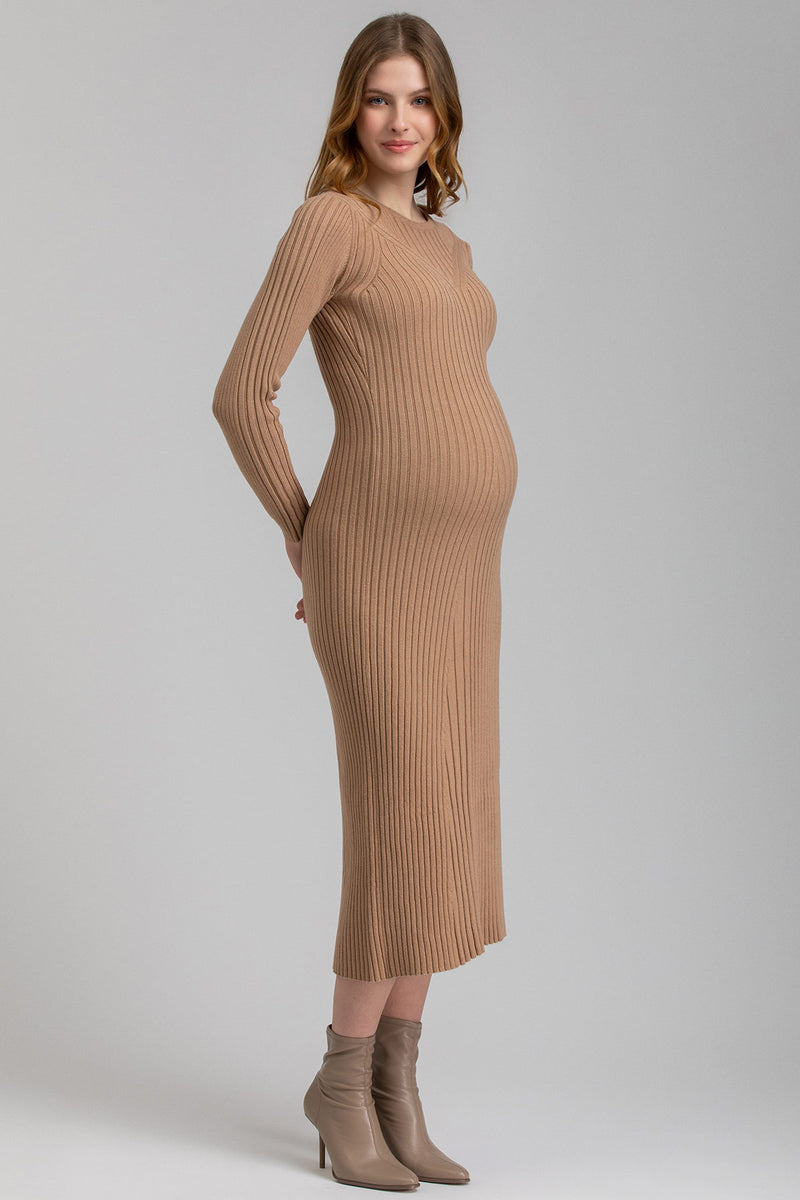 GEMMA | Beige Long Sleeve Maternity Dress