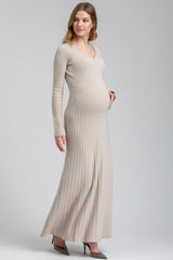 SOFIA |  Beige Flared Maternity Dress with V-Neck