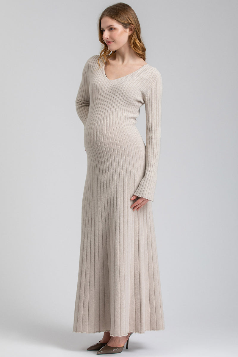 SOFIA |  Beige Flared Maternity Dress with V-Neck