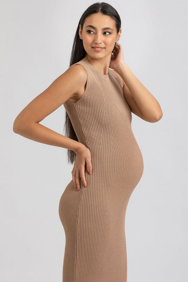 IRIS | Brown Ribbed Maternity Fitted Dress