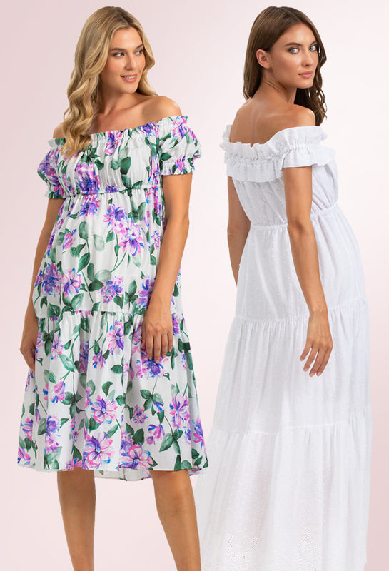 Cream Off Shoulder Ruffle Tiered Maternity Maxi Dress– PinkBlush