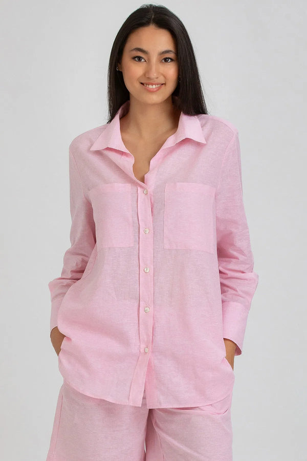 DAFNE | Pink Linen Shirt with Front Pockets 