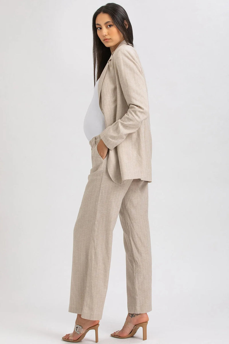 WARREN | Pantaloni Premaman a Gamba Larga in Lino Beige a Righe