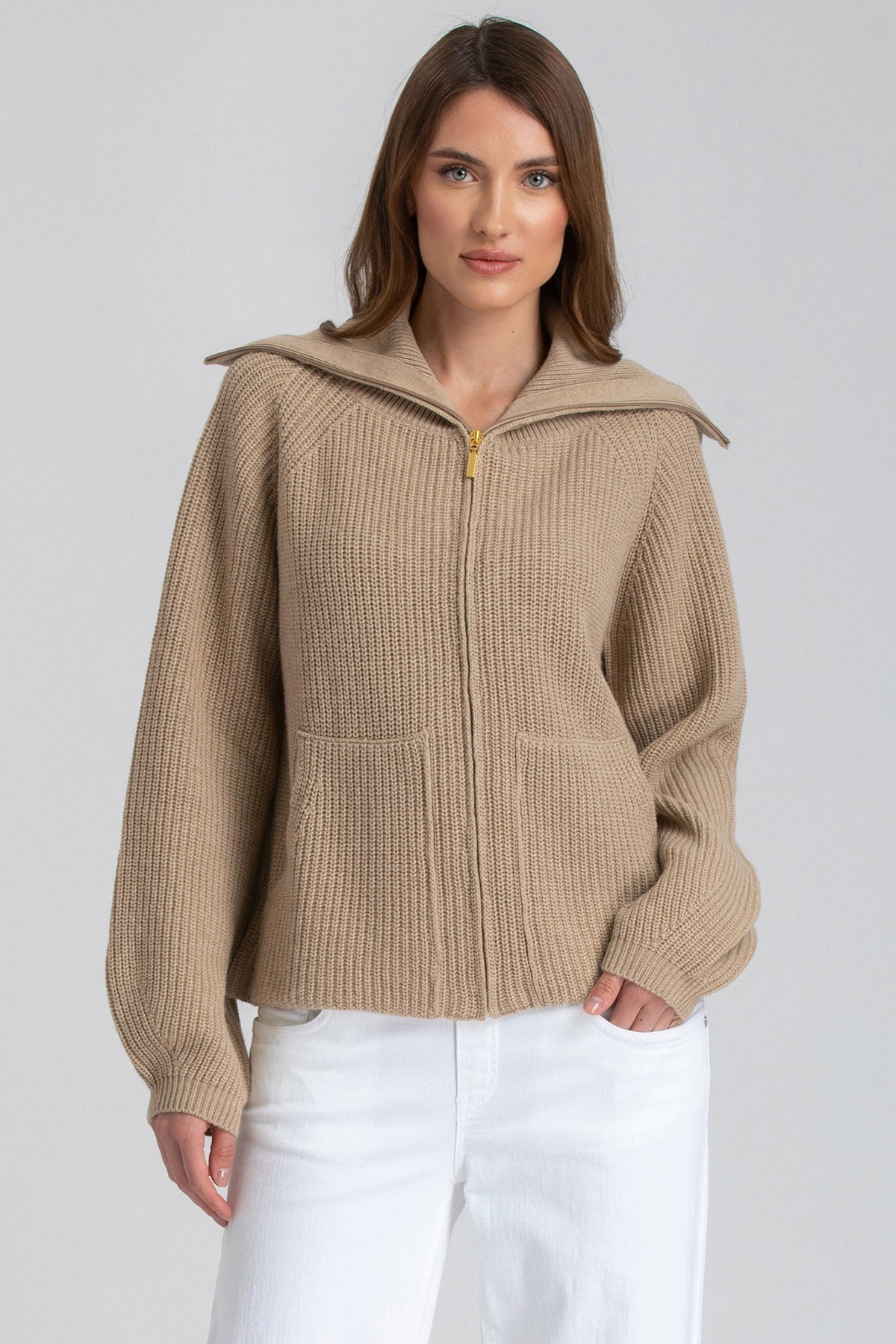 Cardigan Beige in Lana e Cashmere con Cerniera