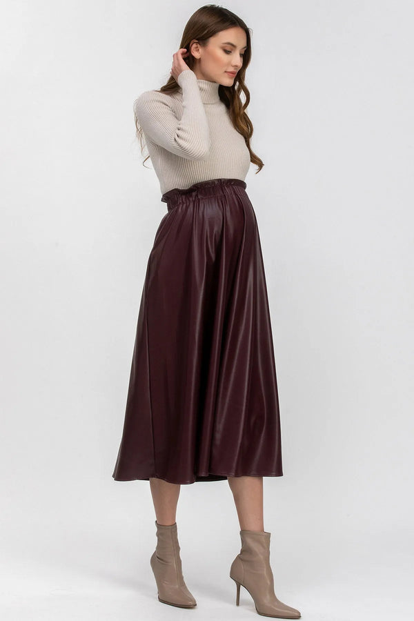 OLIVIA | Bordeaux Maternity Midi Skirt in Faux Leather