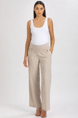 WARREN | Pantaloni Premaman a Gamba Larga in Lino Beige a Righe